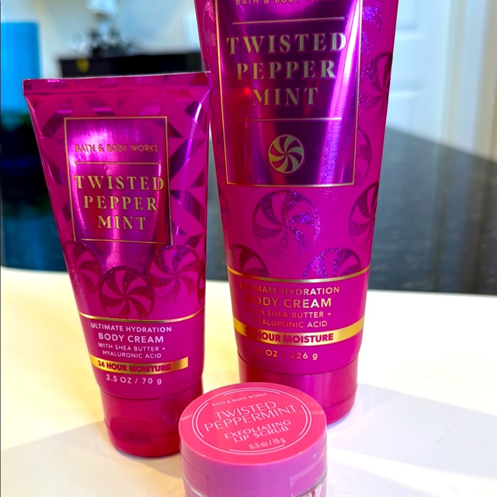 🔥BLOWOUT DEAL!TODAY ONLY! BBW TWISTED PEPPERMINT BODY CREAM X 2, W/LIP SCRUB NWT